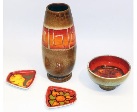 Poole Pottery: shape 15 Aegean vase, H22.5cm; Delphis range shape 38 footed bowl, and two 41 shape pin dishes (4) 