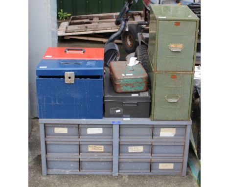 Steel twelve drawer tool cabinet 88cmx48x39. Vintage two drawer filing cabinet 23cmx40x60. and four metal boxes. 