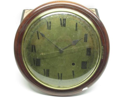 C19th English mahogany 'Greenwich Time' tavern clock wall timepiece, circular plain case, brass bezel enclosing 12" engraved 