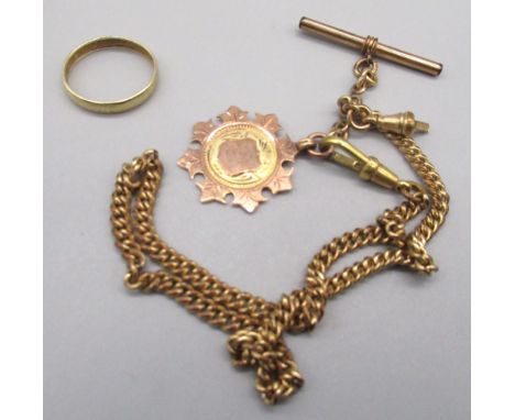 9ct yellow and rose gold fob, stamped 375, on yellow metal chain, and a yellow metal ring with worn stamp 