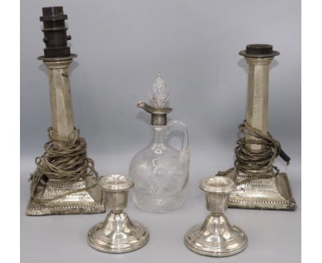 Pair of silver candlestick table lamps with  presentation inscription to Mr R Cartwright, employee of the Tamworth Colliery, 