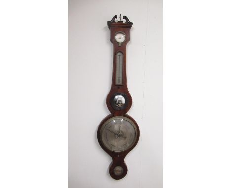 A. Vanini, Sheffield - C19th inlaid mahogany wheel barometer, swan neck pediment with boxwood stringing, engraved silvered di
