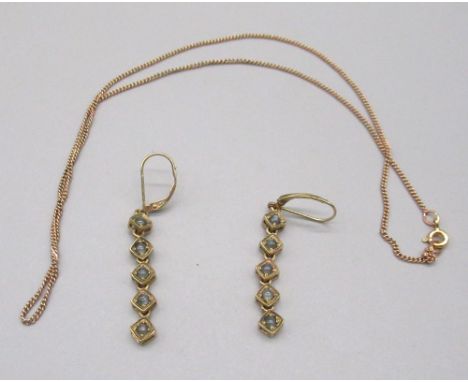 Pair of 9ct yellow gold drop earrings set with Alexandrite Cats Eye, and a 9ct gold chain necklace, both stamped 375, 6.8g 