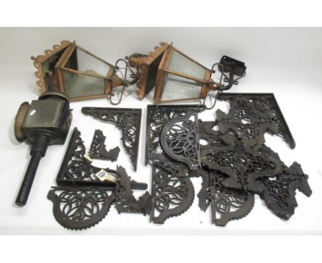 C20th pair of copper exterior lanterns on wrought iron brackets, C19th coach lamp, two pairs of cast steel shelf brackets and