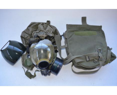 US late 80's/1990's military Scott MCU-2P gas mask with 2 clear over-shields (one dark tinted), voice amplifier, hood etc. wi