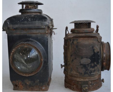 Two vintage Adlake Non Sweating railway lamp, larger version with no internals, both in need of restoration 