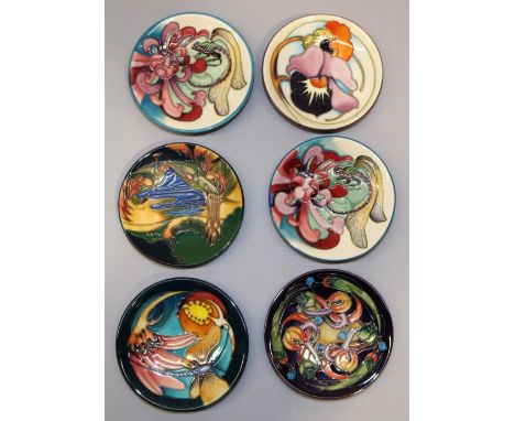 Moorcroft Pottery: six pin dishes/coasters, designed by Emma Bossons - 2x 'Kingsmere Fen', 2007; 'Celtic Web', 2002; purple a