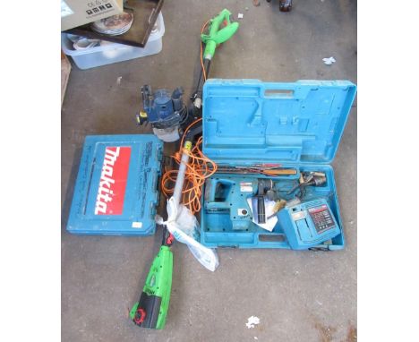 Electric pruning chainsaw, Makita BHR200 drill, Router, 12v drill, electric bench grinder 