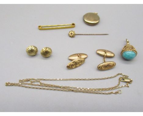 9ct yellow gold Edwardian pin set with single ruby, and other 9ct yellow gold jewellery including a plain bar brooch, cufflin