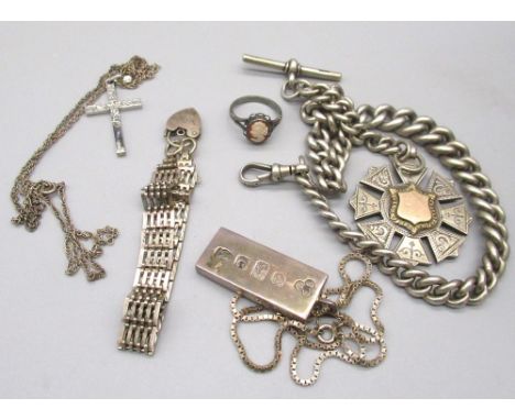 Hallmarked  Sterling silver fob on hallmarked albert chain, a silver bar gate bracelet, two silver necklaces and a silver cam