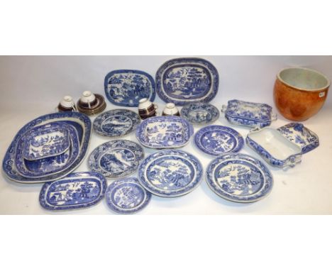 Two boxes of blue and white ceramics, predominantly willow pattern; six Royal Doulton Imperial Blue cups and saucers; and an 