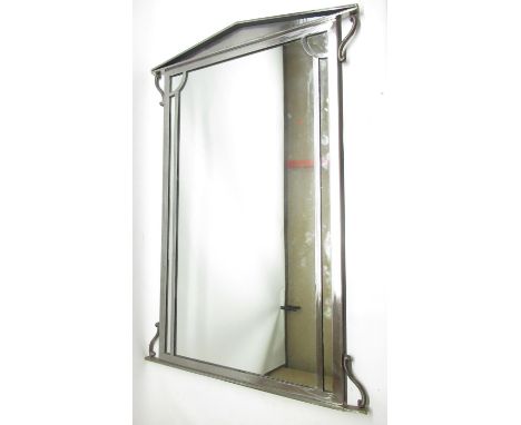 Contemporary Art Deco style polished metal framed wall mirror, H108cm x W73cm 