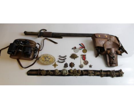 Collection of Military items. French Chassepot model 1866 sword bayonet with leather frog, Lumiere binoculars, wood and brass