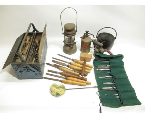 Toolbox and contents, collection of wood turning hand tools, Optimus 1200 lamp, etc. 