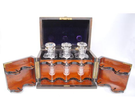 Victorian 'Chapman's Patent' decanter box, no. 191, the three square decanters and six glasses (of fourteen) contained in a f