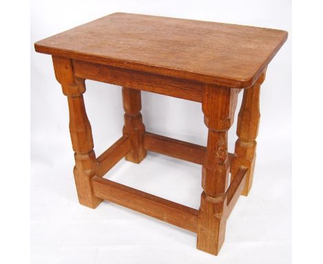 Oak stool by Robert 'Mouseman' Thompson, with rectangular top on octagonal turned legs united by stretchers, with carved mous