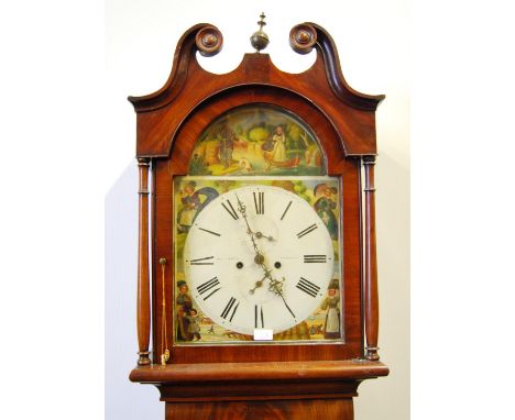 19th century eight day longcase clock by William Scott, Thornhill, with swan neck pediment over arched, painted face depictin