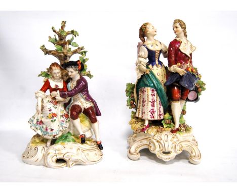 Two hard paste figure groups depicting Georgian courting couples, one couple seated beneath a tree, arrow marks to the base, 