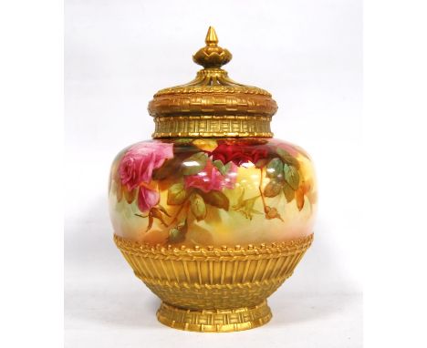 Royal Worcester pot-pourri jar painted by Walter Sedgley, of tapering form painted with roses, with pierced lid mounted by fi