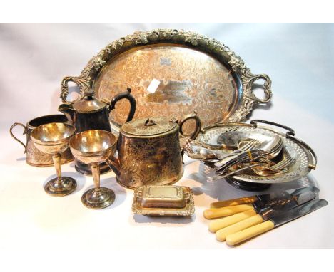 EP oval tray on copper, a teapot, and sugar bowl, a pierced tazza, two cups, and other EP ware. 