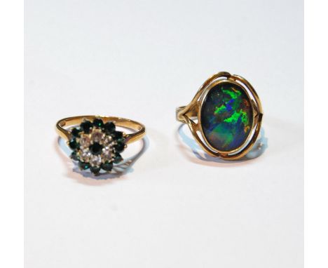 Opal doublet ring, and another, green and white sapphires, both 9ct gold, both size Q, 8g gross.&nbsp; (2) 