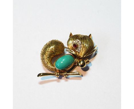 Gold brooch by Van Cleef & Arpels, modelled as a squirrel with a ruby and diamond-set eye and turquoise body, 'VC&A 750' no. 