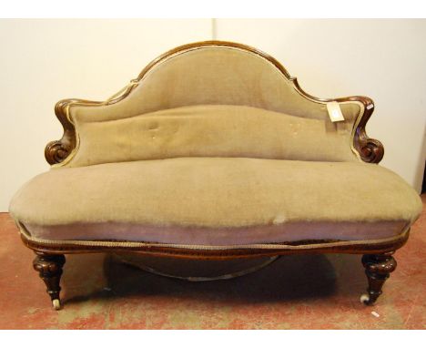 Victorian parlour seat with arched moulded frame, stuff-over back, serpentine seat, raised on fluted turned baluster legs ter