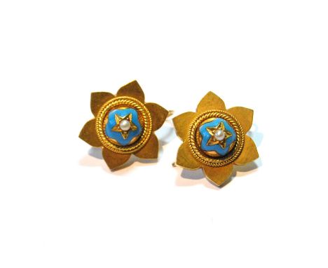 Pair of Victorian earrings of hexafoil crisped circular shape, each with turquoise enamel, and pearl boss, c. 1870, probably 