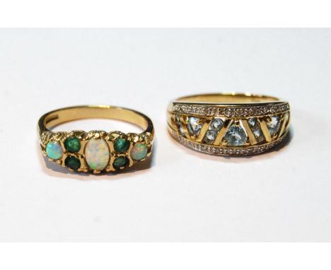 Opal and emerald ring, another, aquamarine and tiny diamonds, both 9ct gold, sizes Q and S, 7.6g.CONDITION REPORT: Both rings