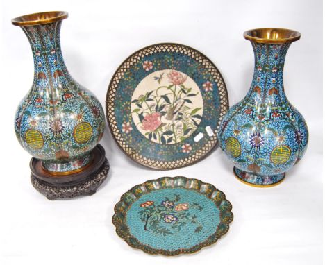 Pair of cloisonné vases, each of tapering bulbous form decorated with floral design over turquoise ground, 33cm high, togethe
