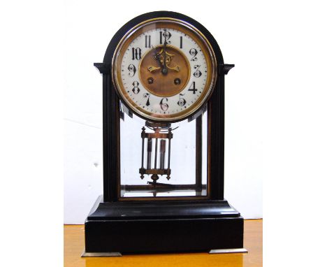 Slate mantel clock with enamelled chapter ring, Arabic numerals, over glazed trunk, French movement, mercury pendulum, striki
