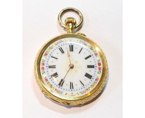 Geneva cylinder watch with gold and floral enamel dial in engraved open face case, 'K.18', 39mm.CONDITION REPORT:Good order, 