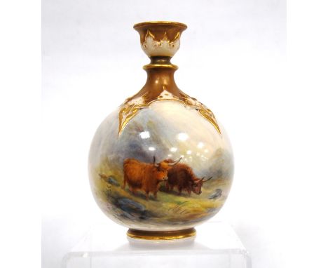 Royal Worcester vase painted with highland cattle, signed H. Stinton, shape F126 H, 14cm high, and 9cm wide.CONDITION REPORT 