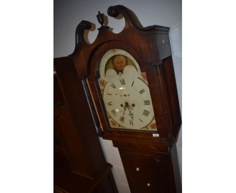 A 19th Century oak and mahogany longcase clock having painted moon phase dial, 8 day movement, unnamed