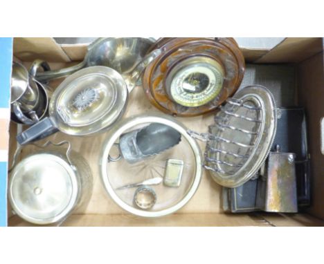 A collection of plated ware and a barometer **PLEASE NOTE THIS LOT IS NOT ELIGIBLE FOR POSTING AND PACKING** 