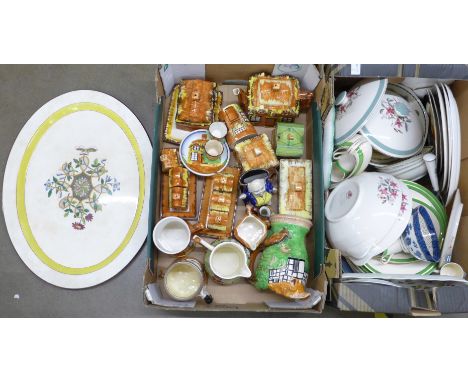 Two boxes of assorted china including Cottage Ware, Midwinter, Doulton, Hummel plate, a Minton large oval plate, etc. **PLEAS