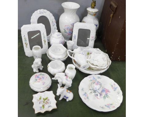 A collection of Aynsley china including a table lamp base, a vase, three photograph frames, etc. 