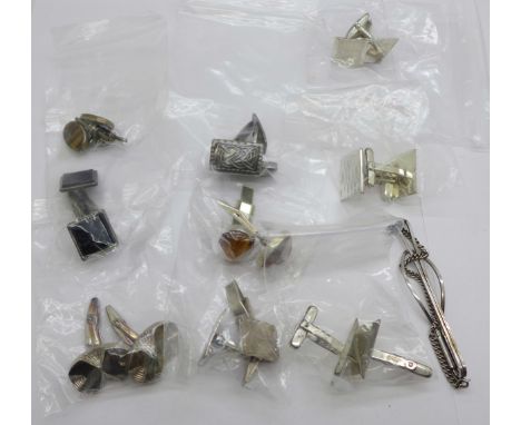 Nine pairs of silver cufflinks, two marked West Germany and one marked Osebergfunnet, and one tie-clip 