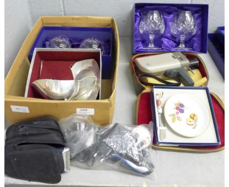 A pair of Edinburgh Crystal brandy glasses, boxed, x2, a Royal Worcester butter spreader and tray, a Malmo Ware gravy boat, a