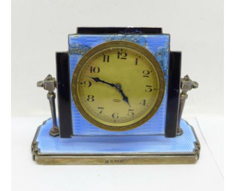 A silver and enamel 8-days desk clock, Adie Brothers, enamel a/f 