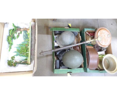 Three boxes of assorted items including two helmets, cameras, clock, a Faerie Glen woodland diorama, warming pan, etc. **PLEA