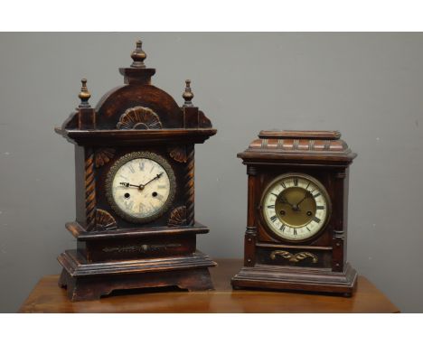 Early 20th century walnut cased mantel clock with 'H.A.C' 14-day movement striking on coil (H34cm), and an early 20th century