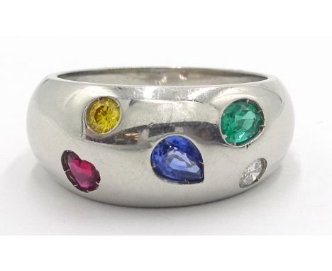 18ct white gold ring, set with yellow and white diamonds, emerald, ruby and sapphire hallmarked Condition Report Size L - MCl