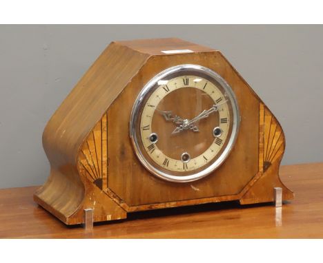 Art Deco walnut mantle clock, triple train Westminster chime movement, W34cm