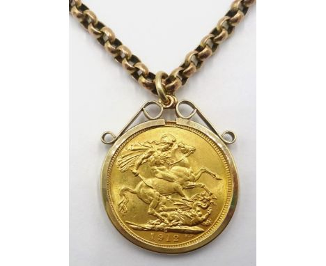 1912 gold sovereign in 9ct gold loose mount hallmarked, on rose gold cable chain necklace (tested 9ct), approx 21.9gm gross C
