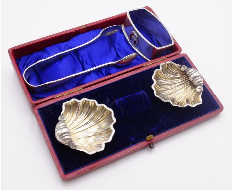 Pair Victorian silver salts, George VI commemorative napin ring 1936 and a pair sugar nips approx 3.5oz Condition Report Clic