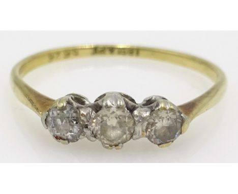 Three stone diamond gold ring, stamped 18ct plat Condition Report Approx 1.7gm, size O - PClick here for further images, cond