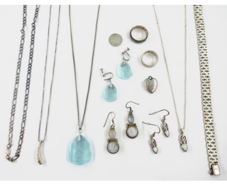 Collection of silver jewellery, including diamond pendant necklace, pair moonstone hinged ear-rings, opal suite, gate bracele