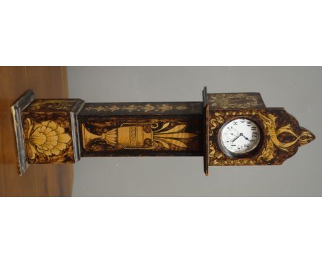 Edwardian Pocket Watch stand in the form of a miniature longcase clock, penwork decorated with an urn, H35cm, a Terma keyless