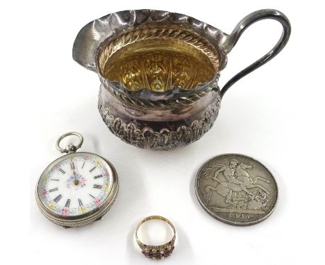 Georgian silver cream jug, Victorian silver crown 1890, continental silver key wound pocket watch with enamel dial stamped 80